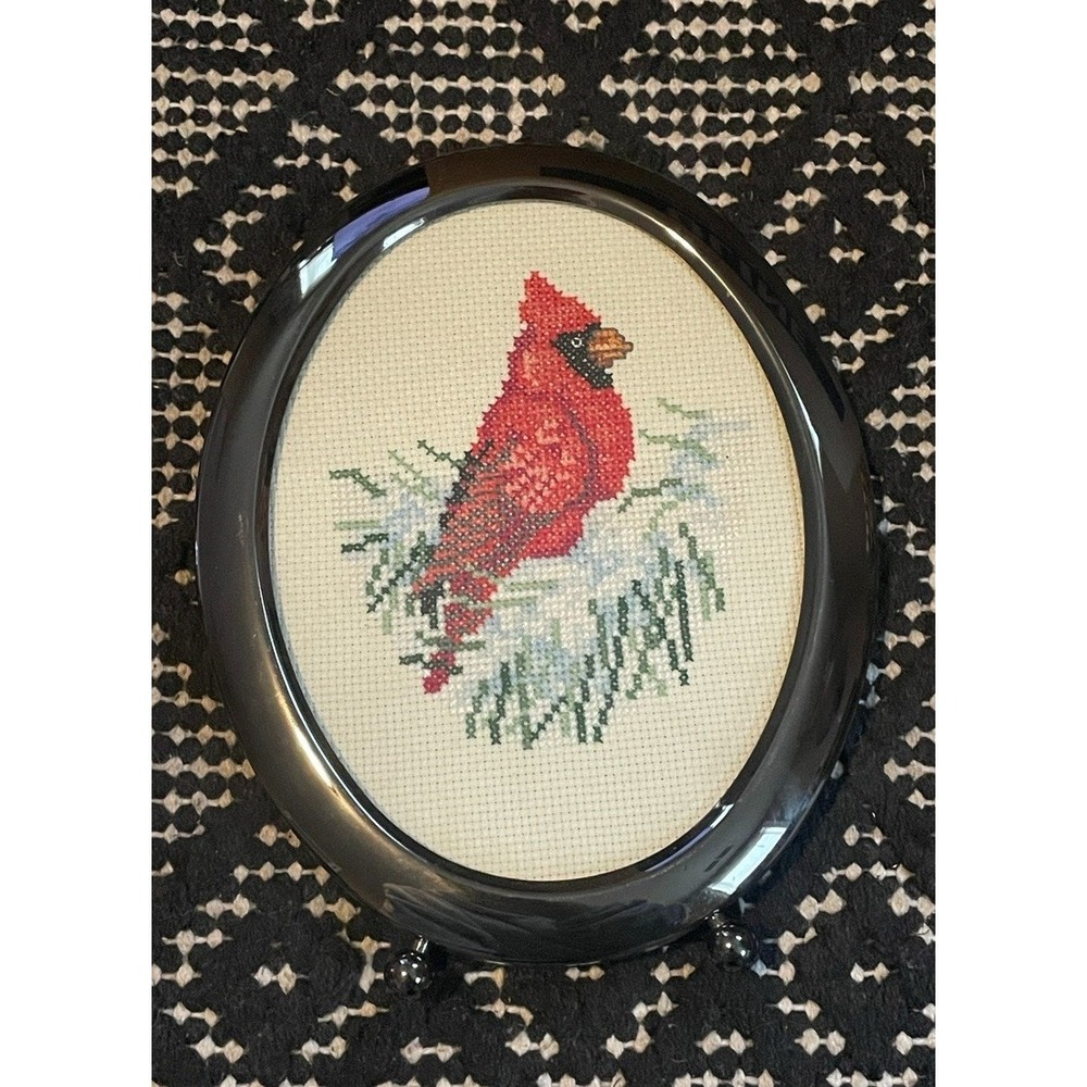 Vintage Mini Cross Stitch Framed Wall Art Pair Owl Cardinals Round Wood Frames